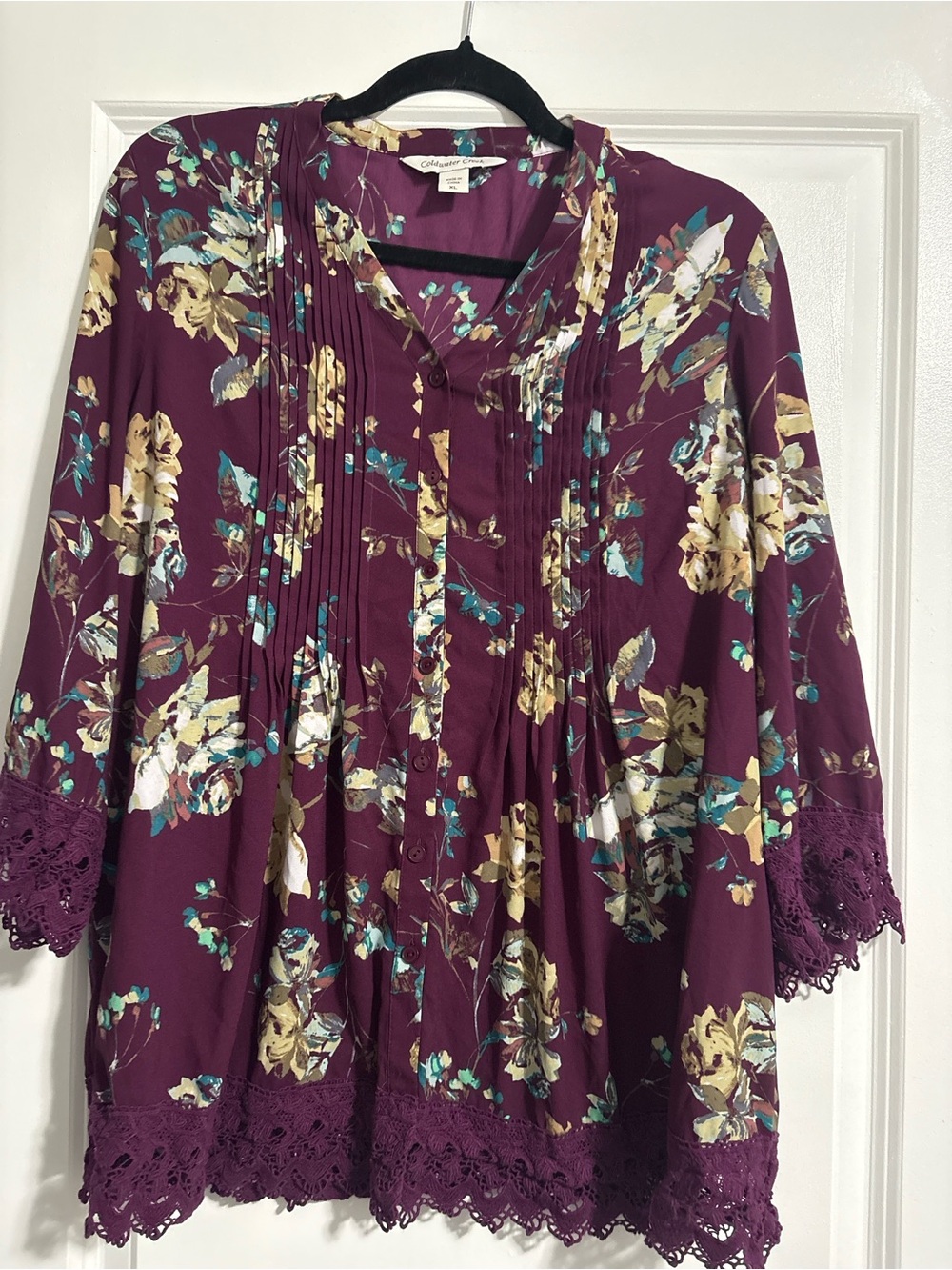 Coldwater Creek Plum Floral Pintuck Lace-Trim Top